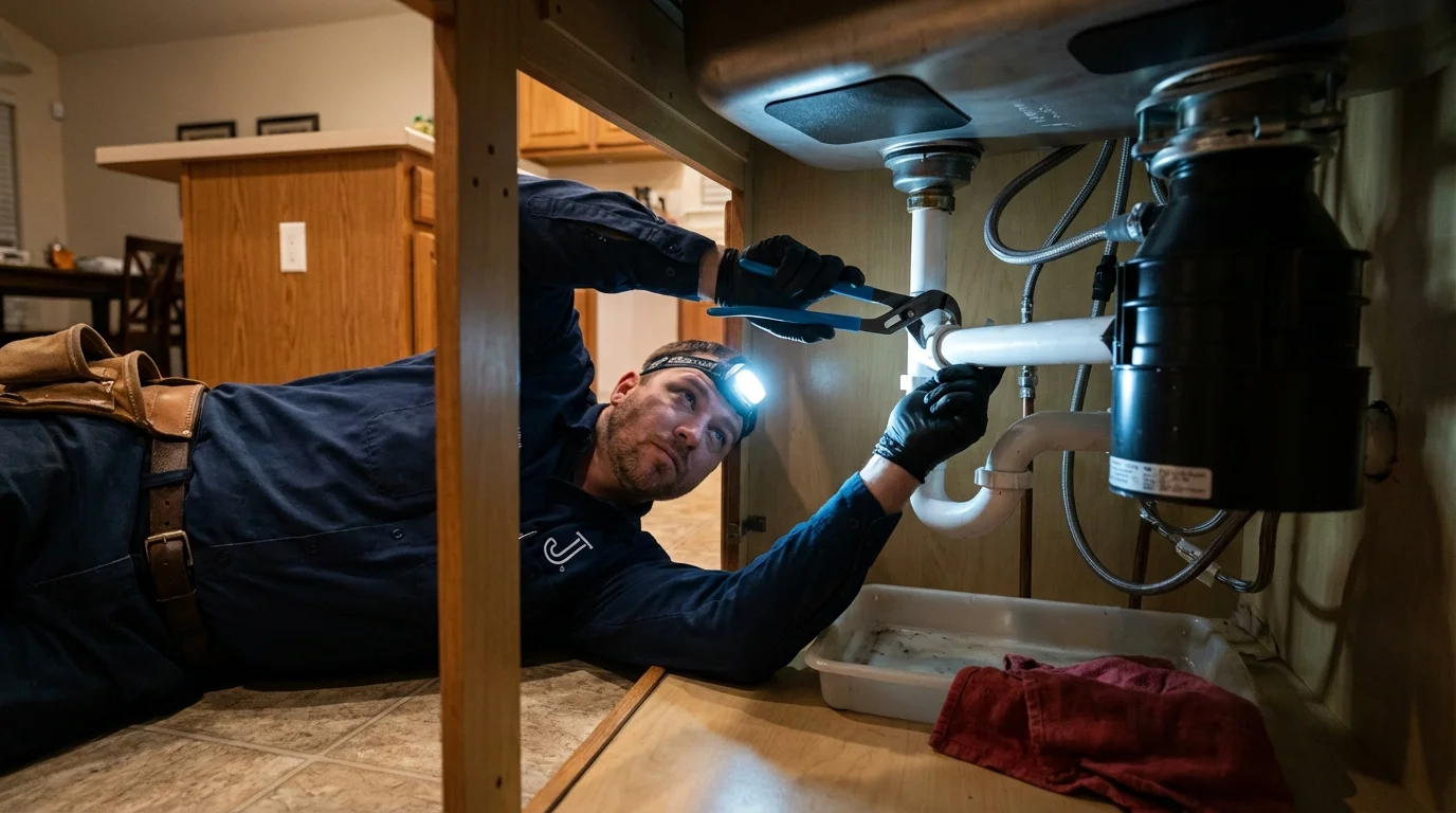P-trap and supply line connections under a kitchen sink showing a common leak point in Saint George, UT